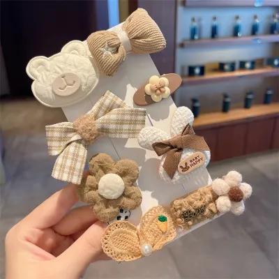 Kids Girls Cute Sweet Floral Bow Cartoon Bunny Plush Hairpin Sets Children Hairpin Suit