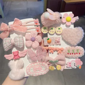 Kids Girls Cute Sweet Floral Bow Cartoon Bunny Plush Hairpin Sets Children Hairpin Suit