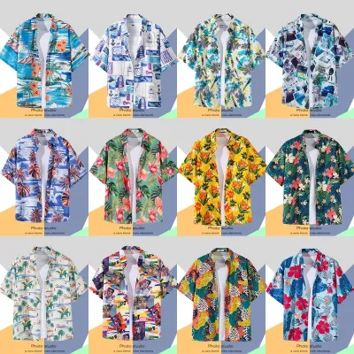 Camisa de solapa de manga corta floral de vacaciones de ocio de moda para hombres