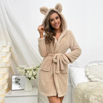 Autumn And Winter Women Plush Thickened Long-Sleeved Nightgown