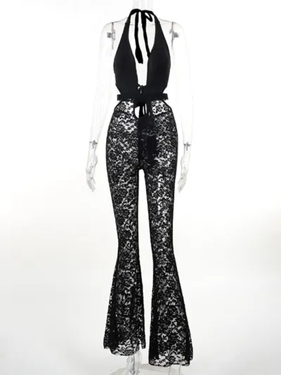 Women Fashion Sexy Deep V Lace Perspective Halter Neck Jumpsuits