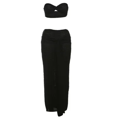 Women Fashion Sexy Strapless Top Lace-Up Skirt Two-Piece Set