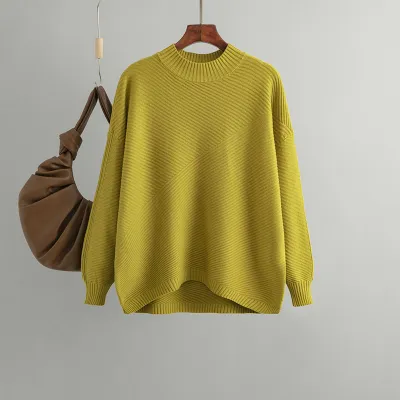 Autumn Winter Women Casual Loose Long Sleeve Solid Color Knitted Pullover Sweater