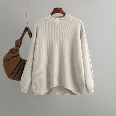 Autumn Winter Women Casual Loose Long Sleeve Solid Color Knitted Pullover Sweater