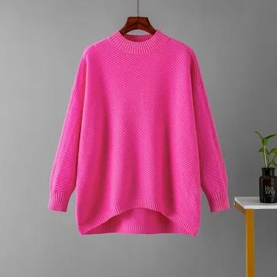 Autumn Winter Women Casual Loose Long Sleeve Solid Color Knitted Pullover Sweater