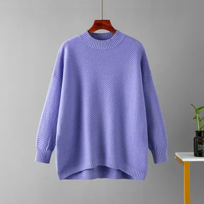 Autumn Winter Women Casual Loose Long Sleeve Solid Color Knitted Pullover Sweater