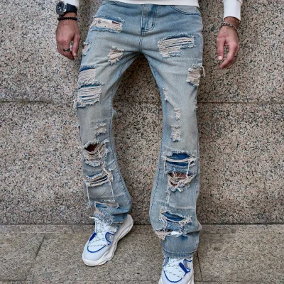 Men Fashion Casual Vintage Plus Size Wide Leg Ripped Jeans