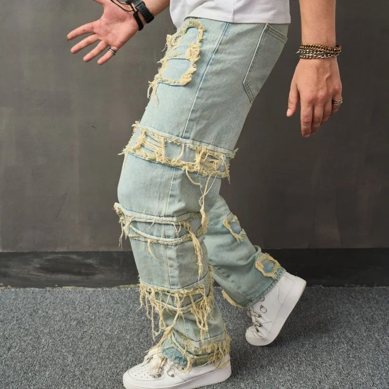 Men Fashion Vintage Tassel Wide Leg Denim Jeans Plus Size Long
