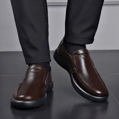 Men Casual Business Office Round-Toe Flat Low Top Slip On Thick-Soled Leather Shoes
