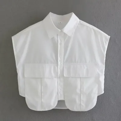 Women Solid Color Large Pocket Stitching Irregular Cardigan Polo Collar Crop Blouse