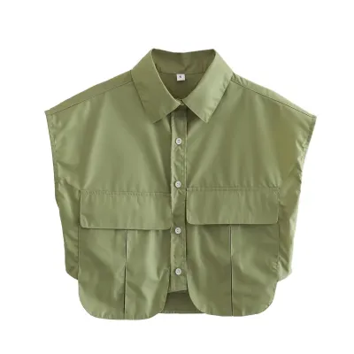 Women Solid Color Large Pocket Stitching Irregular Cardigan Polo Collar Crop Blouse