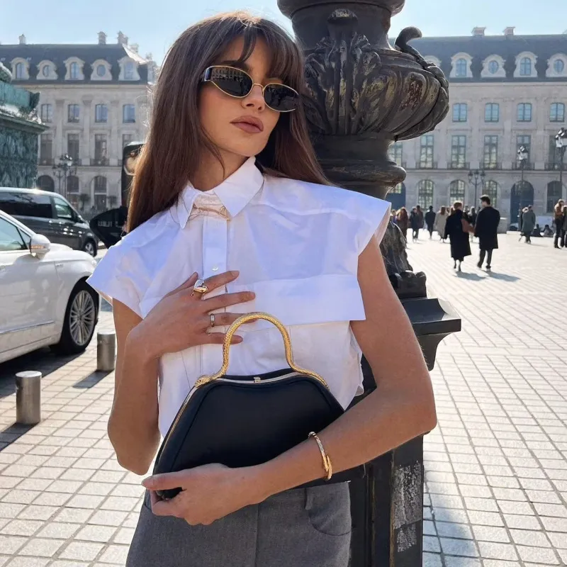 Women Solid Color Large Pocket Stitching Irregular Cardigan Polo Collar Crop Blouse