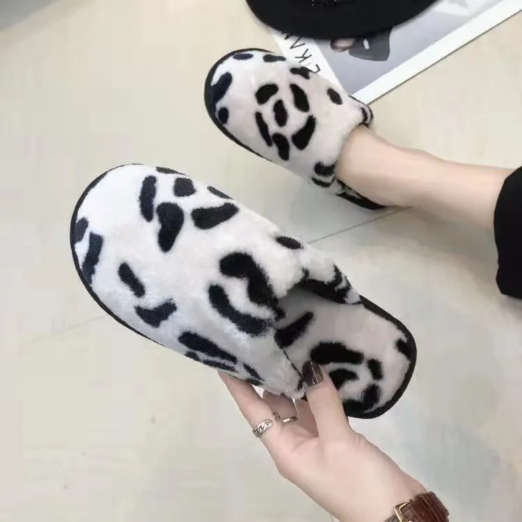 Women's Plus Size Leopard Print Fleece Home Slippers Flat Heel Indoor Shoes