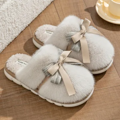 Women Plus Size Plush Bow Round Head Flat Home Slippers