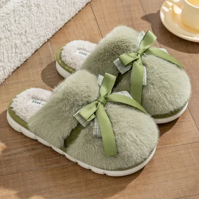 Women Plus Size Plush Bow Round Head Flat Home Slippers