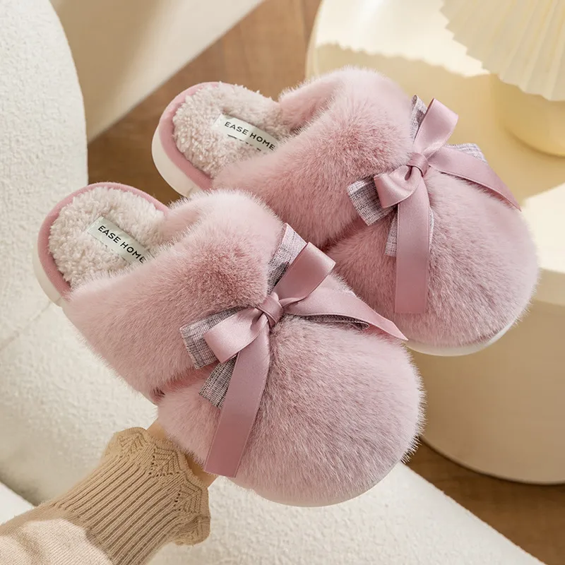 Women Plus Size Plush Bow Round Head Flat Home Slippers