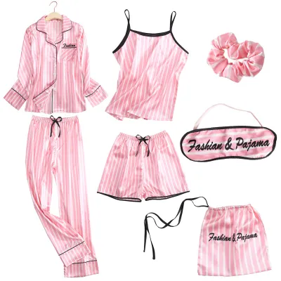 Women Fashion Sexy Heart-Shaped Stripe Floral Printed Long Sleeve Camisole Pants Pajamas Seven-Piece Set