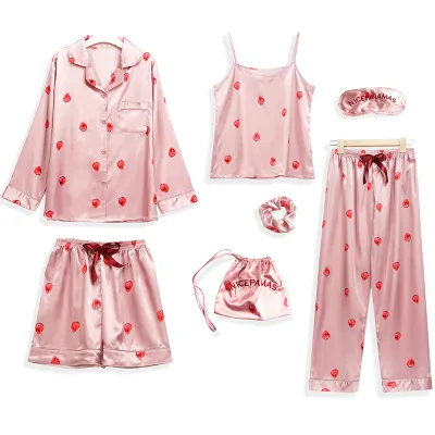 Women Fashion Sexy Heart-Shaped Stripe Floral Printed Long Sleeve Camisole Pants Pajamas Seven-Piece Set