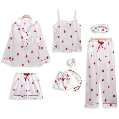 Women Fashion Sexy Heart-Shaped Stripe Floral Printed Long Sleeve Camisole Pants Pajamas Seven-Piece Set