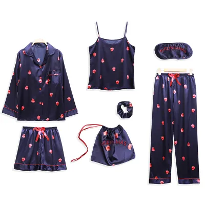 Women Fashion Sexy Heart-Shaped Stripe Floral Printed Long Sleeve Camisole Pants Pajamas Seven-Piece Set