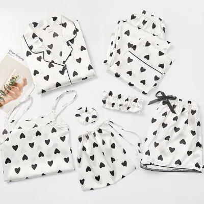 Women Fashion Sexy Heart-Shaped Stripe Floral Printed Long Sleeve Camisole Pants Pajamas Seven-Piece Set