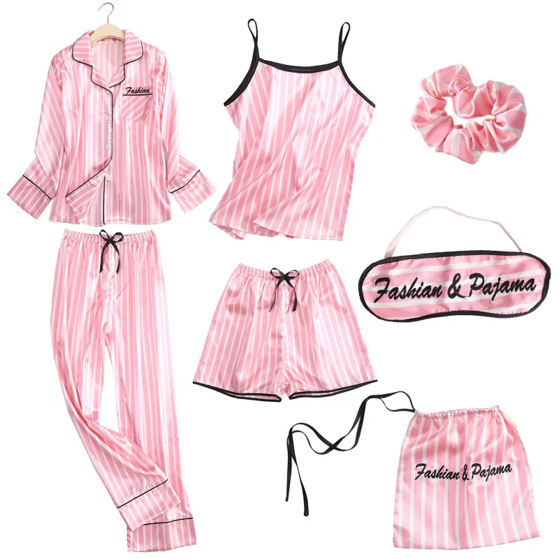 Women Fashion Sexy Heart-Shaped Stripe Floral Printed Long Sleeve Camisole Pants Pajamas Seven-Piece Set