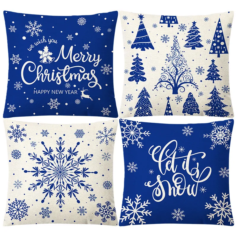 Cartoon Christmas Snowflake Letter Printed Linen Sofa Cushion Cover