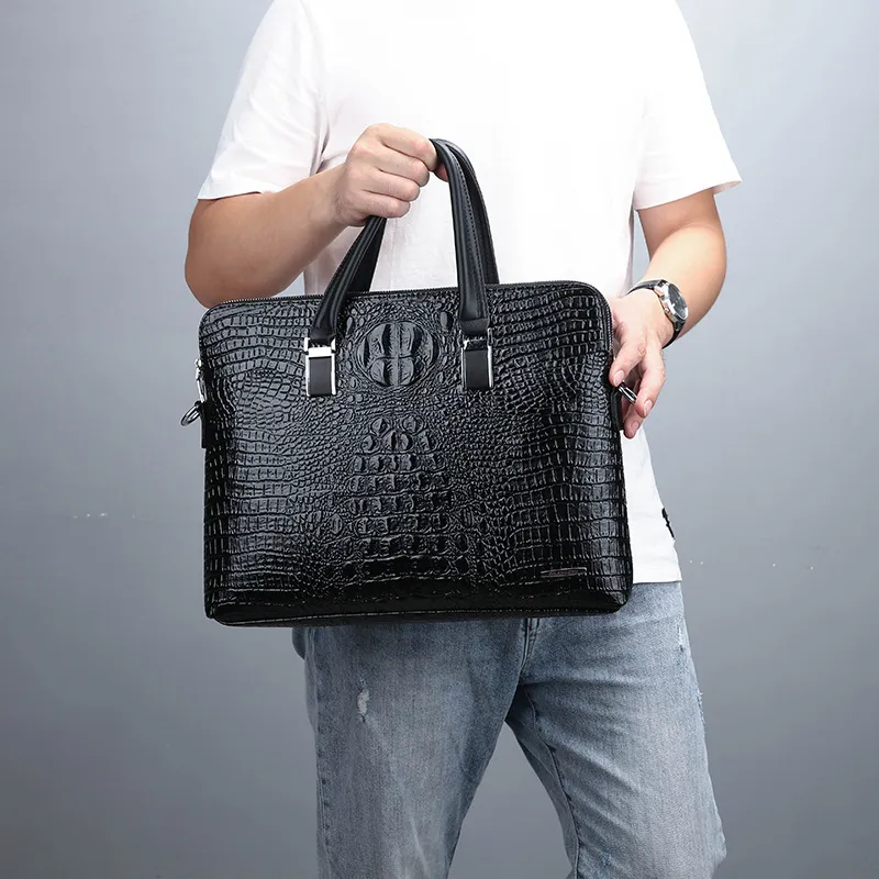 Men Fashion Business Office Crocodile Handle Bag Solid Color PU Leather