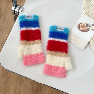 Women Fashion Colorful Stripe Wool Fleece-Lined Knitted Half-Finger Gloves