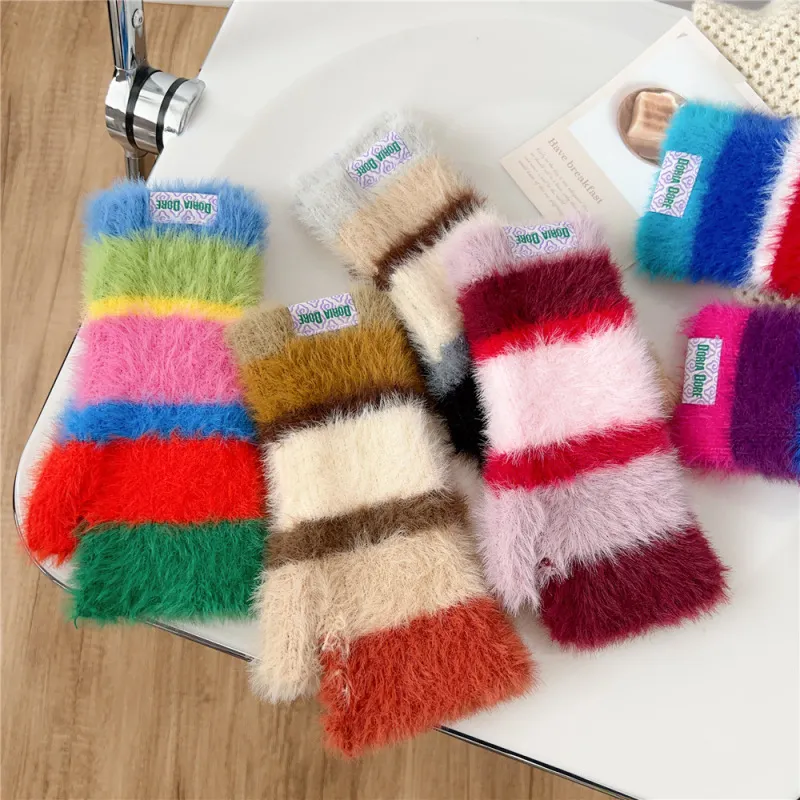 Women Fashion Colorful Stripe Wool Fleece-Lined Knitted Half-Finger Gloves