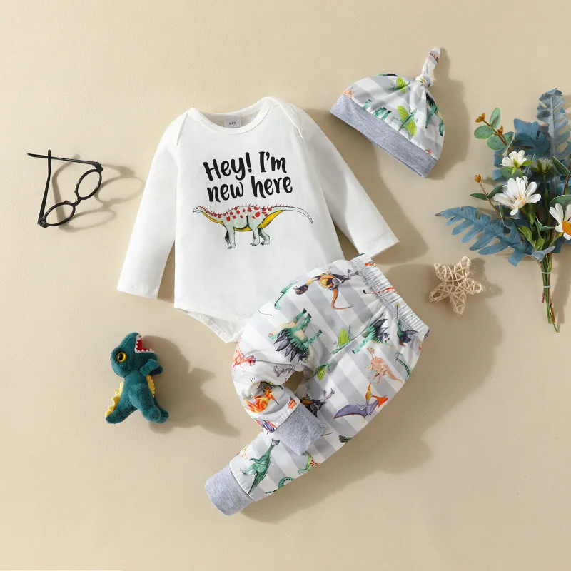 Kids Baby Boys Casual Dinosaur Letter Long Sleeve Round Neck Romper Trousers Sets Cotton