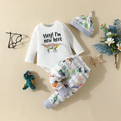 Kids Baby Boys Casual Dinosaur Letter Long Sleeve Round Neck Romper Trousers Sets Cotton