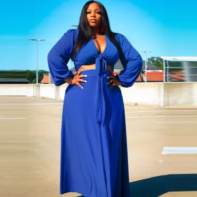 Women Plus Size V-Neck Long Sleeve Strap Top Skirt Set Urban Wind Solid Color