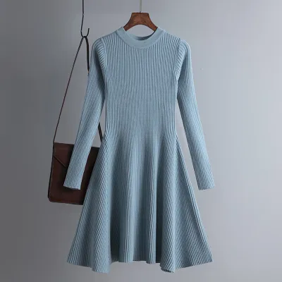 Women Autumn Winter Solid Color Long Sleeve Knitted Pullover Dress