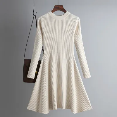 Women Autumn Winter Solid Color Long Sleeve Knitted Pullover Dress