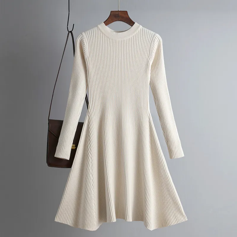 Women Autumn Winter Solid Color Long Sleeve Knitted Pullover Dress