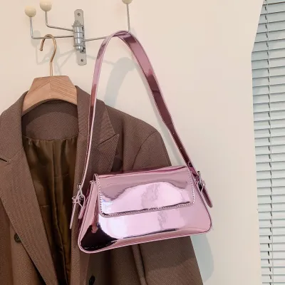 Women Fashionable Solid Color Bright Flap-On Shoulder Underarm Small Square Bag
