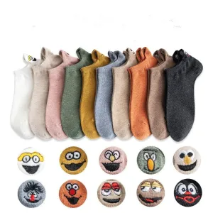 Women Fashion Solid Color Heel Smiley Embroidered Leisure Cotton Socks