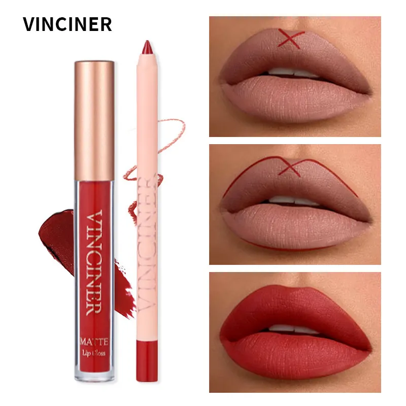 Vinciner Women Non-Stick Cup Long-Lasting Nude Matte Lip Glaze Lip Liner Set