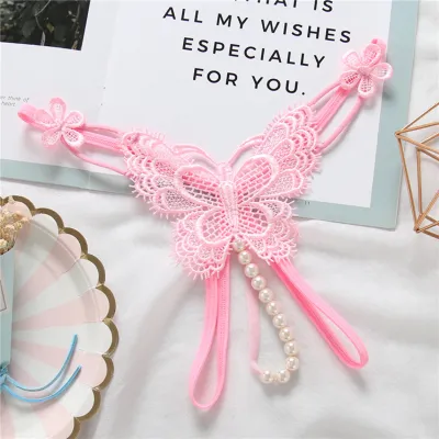 Women Sexy Lace Embroidered Pearl Sheer Open Panties