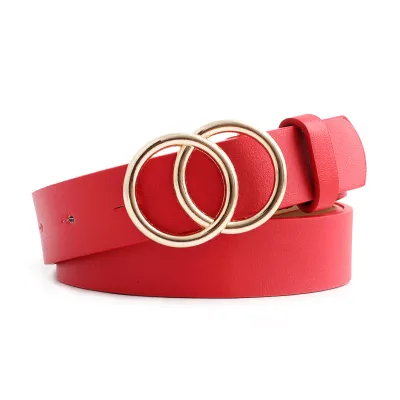 Creative Women Double Round Buckle Belt Imitation Leather Casual Fashion
