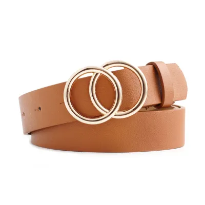 Creative Women Double Round Buckle Belt Imitation Leather Casual Fashion