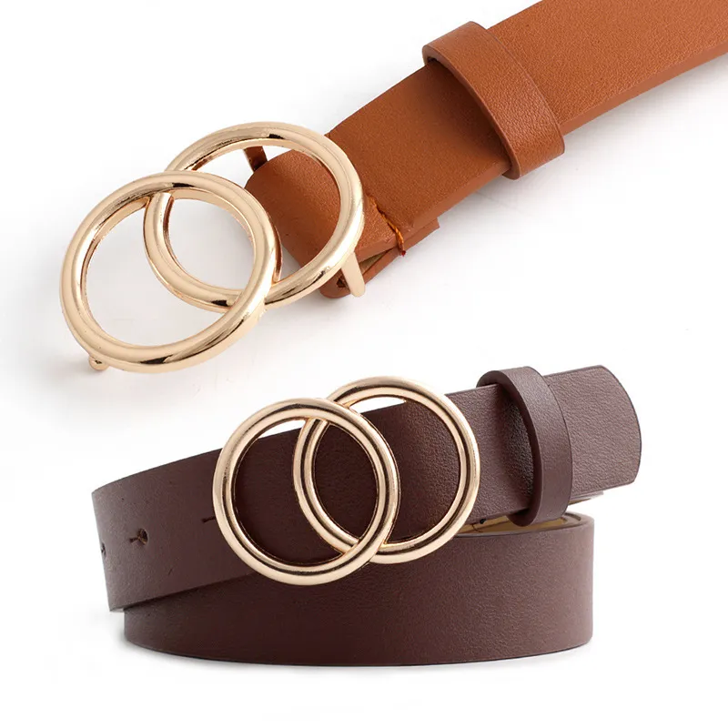 Creative Women Double Round Buckle Belt Imitation Leather Casual Fashion