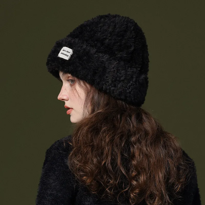 Autumn Winter Women Solid Color Thick Warm Plush Ear Protection Wool Cap