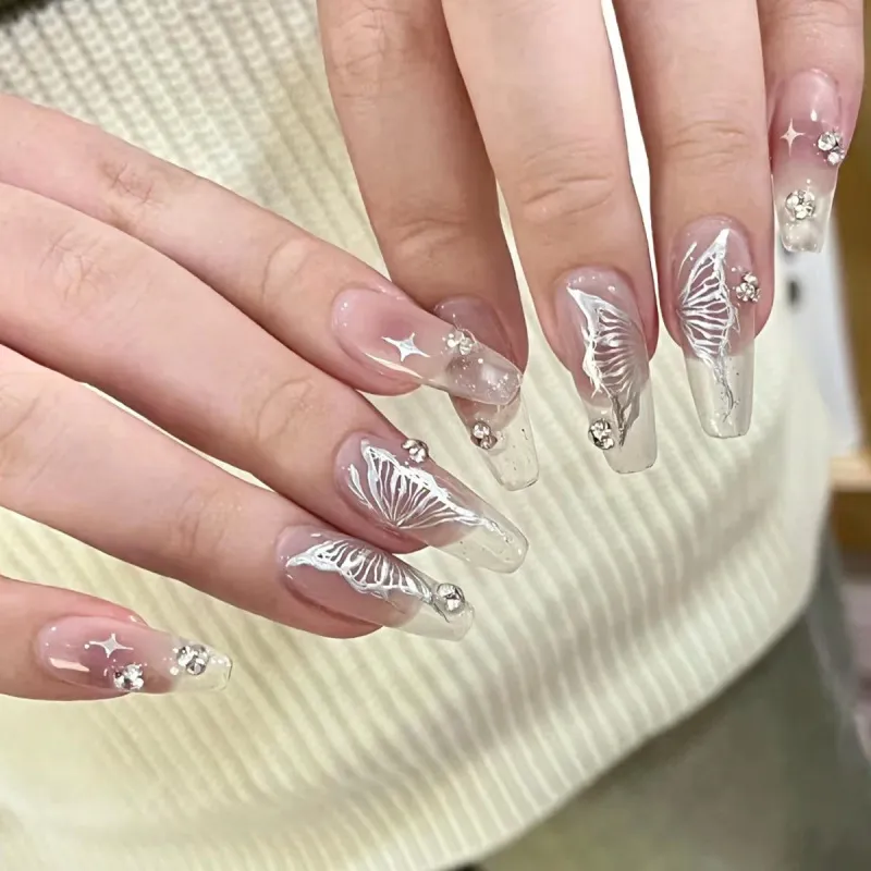 Women Fashion Pink Transparent Butterfly Rhinestone Wearable Fake Nails