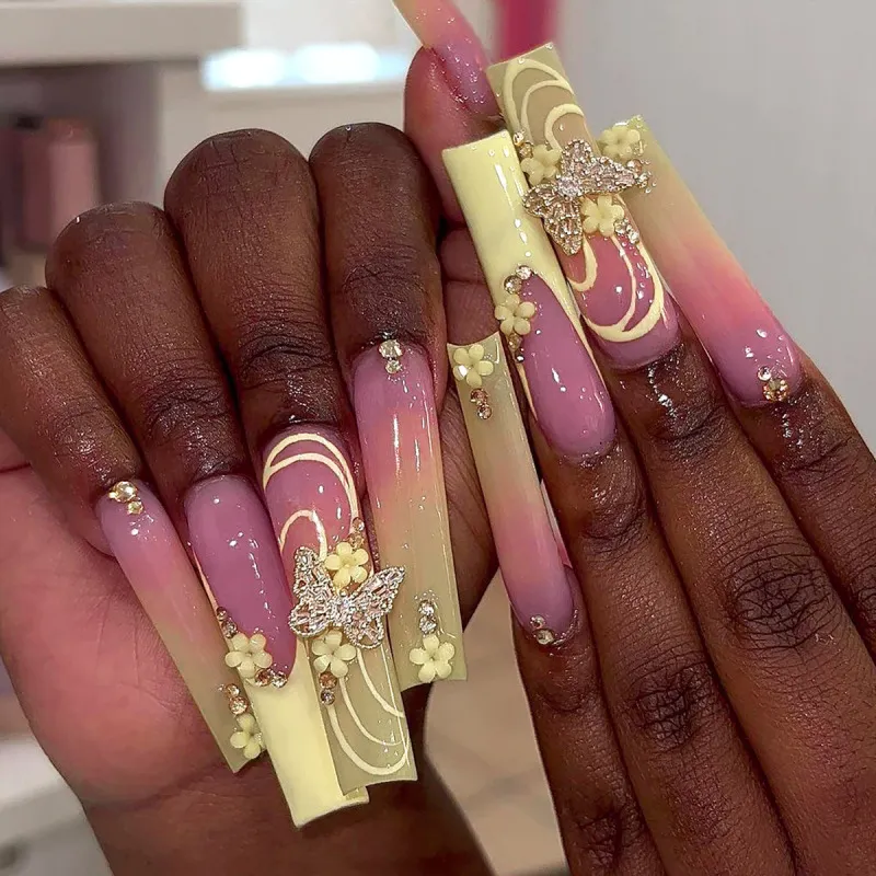 Women Fashion 3D Butterfly Rhinestone Floral Long Wearable Fake Nails