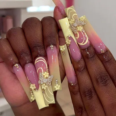 Women Fashion 3D Butterfly Rhinestone Floral Long Wearable Fake Nails