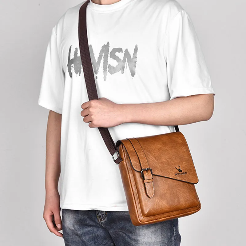 Men Casual Basic Commuter Zipper PU Leather Crossbody Bag