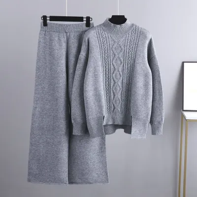 Autumn Winter Women Casual Solid Color Knitted Turtleneck Sweater Wide-Leg Pants Two-Piece Set