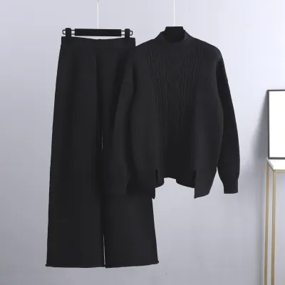 Autumn Winter Women Casual Solid Color Knitted Turtleneck Sweater Wide-Leg Pants Two-Piece Set